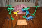 6 Vintage MPC Dinosaurs with Brontosaurus, Recast Cave, & 4 Recast Trees B3 Marx