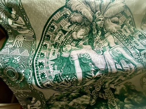 Woven AZTEC LEGENDARY WARRIOR/PRINCESS MEXICAN BLANKET wall hanging 91x81 GREEN - Picture 4 of 5