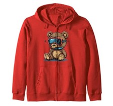 A zip-up hoodie featuring a Google and snorkeled bear for teddy bear fans.from
