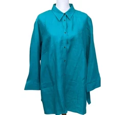 Lauren Ralph Lauren teal button front top, linen, 2X, classic, minimalist