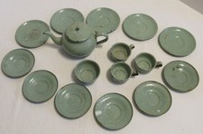 Vintage Farmhouse Child's Tea Set Green Enamelware Graniteware