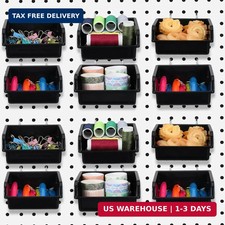 16 Pcs Black Pegboard Bins with Metal Hooks, Heavy Duty Plastic Storage Organize