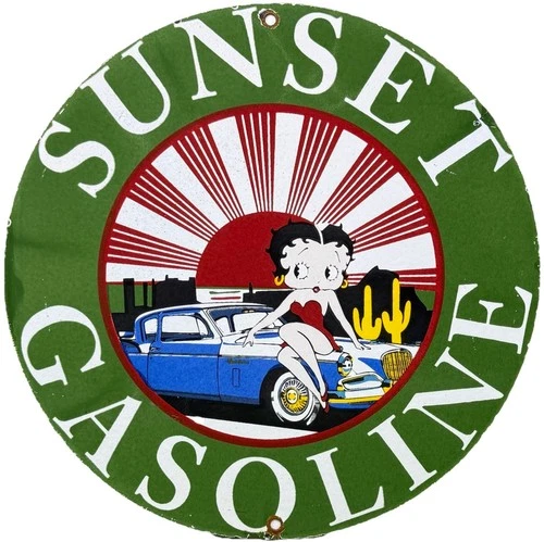VINTAGE SUNSET GASOLINE PORCELAIN SIGN SERVICE GAS STATION SUNRISE MOTOR OIL