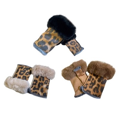 Fashion Leopard Print Warm Gloves Suedes Leather Rabbit Furs Wrist Plush Mittens
