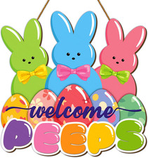 Easter Wreaths for Front Door, Easter Door Decorations Sign, Welcome Peeps Door