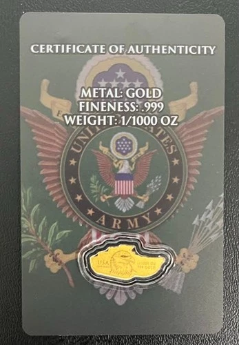 Gold Tank US Army Art Bar 1/1000th Oz .999 Fine Gold Eagle Bullion