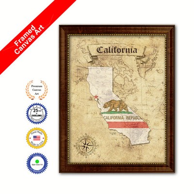 California State Vintage Map Brown Framed Canvas Print Home Decor Wall Art