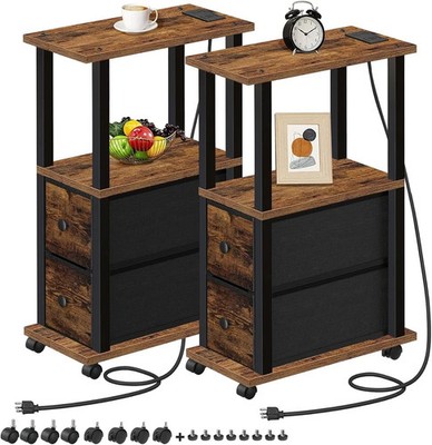 Narrow End Tables Living Room Set of 2 with Charging Station, Skinny Side