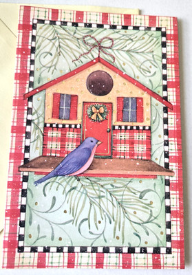Christmas Card Bluebird Birdhouse Decorated for Christmas