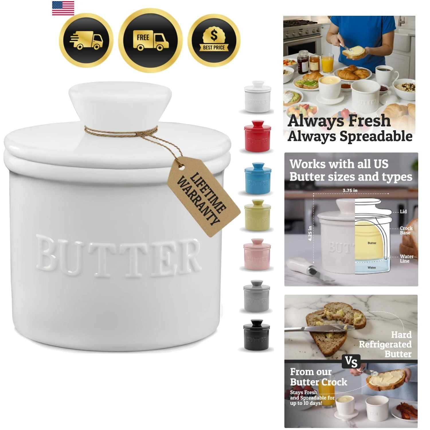 French Butter Crock with Lid, Keep Butter Spreadable & Fresh, Butter Keeper t...