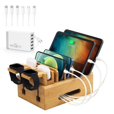 Bamboo Charging Station for Multiple Devices, Multi-Port USB Charger Organize...