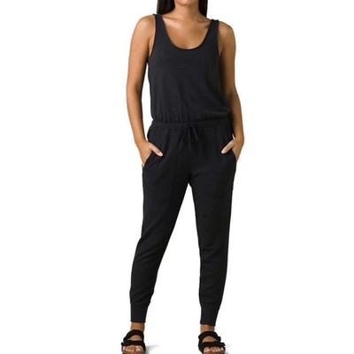 Prana Womens Cozy Up Jumpsuit Black Hemp Blend French Terry Sz Small