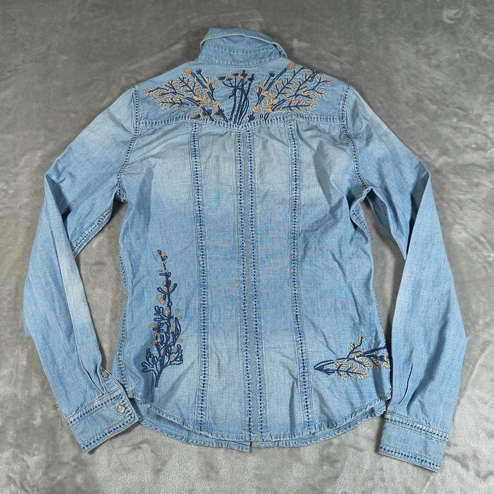 Camisa Denim Ralph Lauren Mujer Pequeña Azul Bordada Floral Western Envejecida Foto 2 de 4