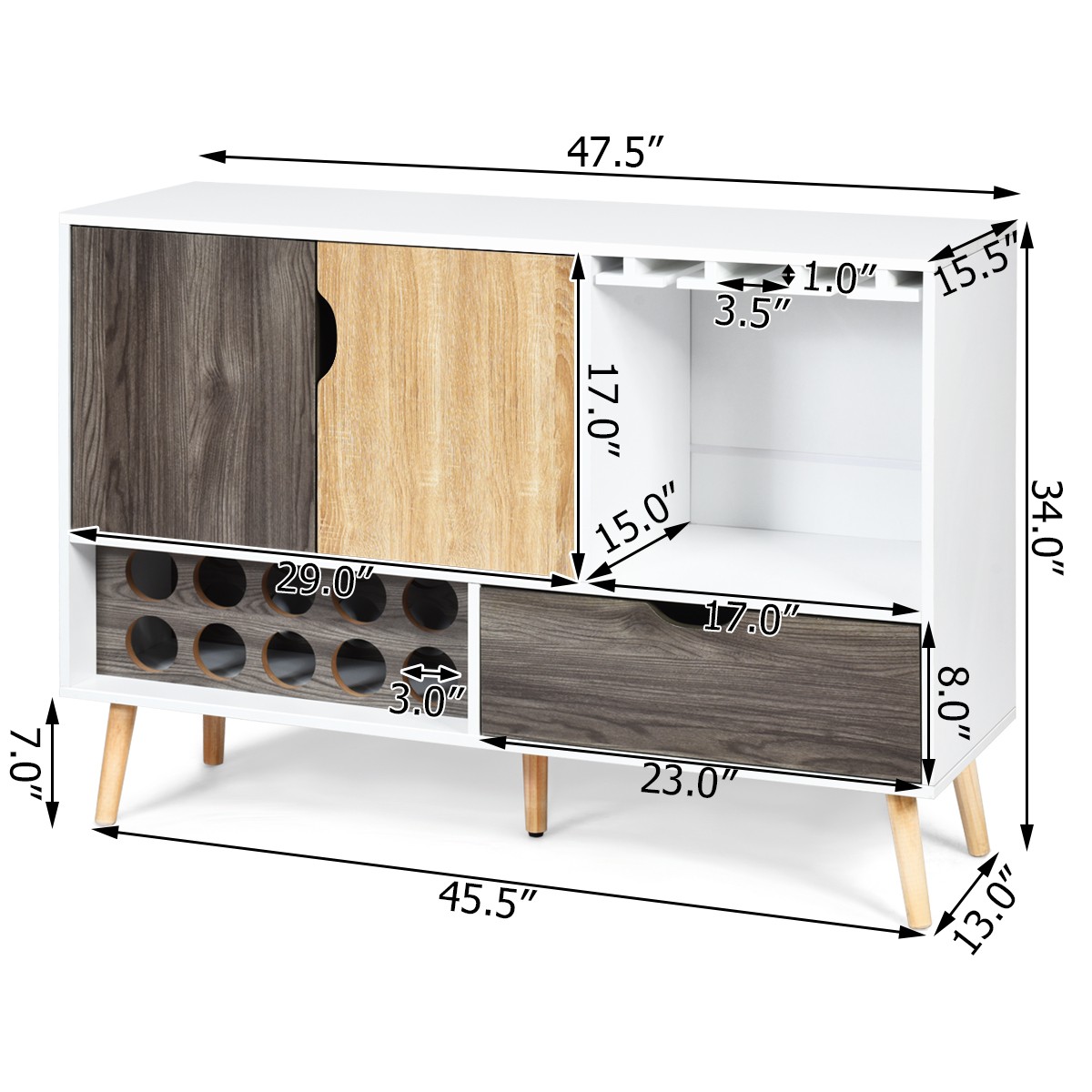 COSTWAY Dressoir keukenkast met deuren en laden, keukencommode hout, buffetkast, opbergkast, bijzetkast, wijnkast, 116 x 40 x 82 cm (wit