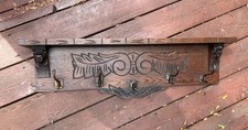 Vtg Oak Hanging Hand Carved Coat Rack Wood Shelf Brass Hooks Farmhouse Rustic