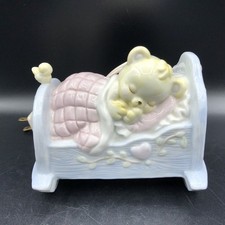 Vintage Enesco 5" Ceramic Night Light Nursery Lamp Baby Bear Bird Bed Cradle