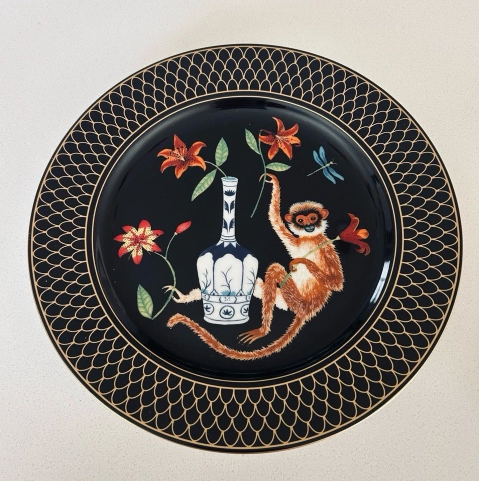 Juego De Colección De 3 | Platos De Porcelana De Jardín Lynn Chase Monkey | Acentos De Oro 24k Foto 3 de 4