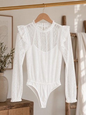 Hayden Los Angeles White Lace Bodysuit Small Sheer Long Sleeve Ruffle NWT