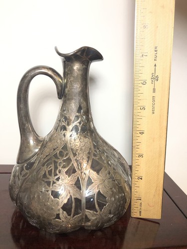Alvin Fine Sterling Overlay Cut Glass Decanter 10.5” Tall Art Nouveau - Picture 9 of 18