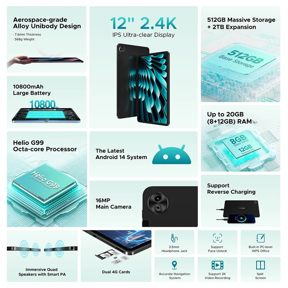 DOOGEE T40 Pro Tablet Ultradünn 12" 2,4K Display Android 14 20GB+512GB 10800mAh - Bild 2 von 4