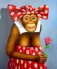 MQ-OP0114 100% Handmade Painted Holding Flower Monkey Oil Painting Art On Canvas