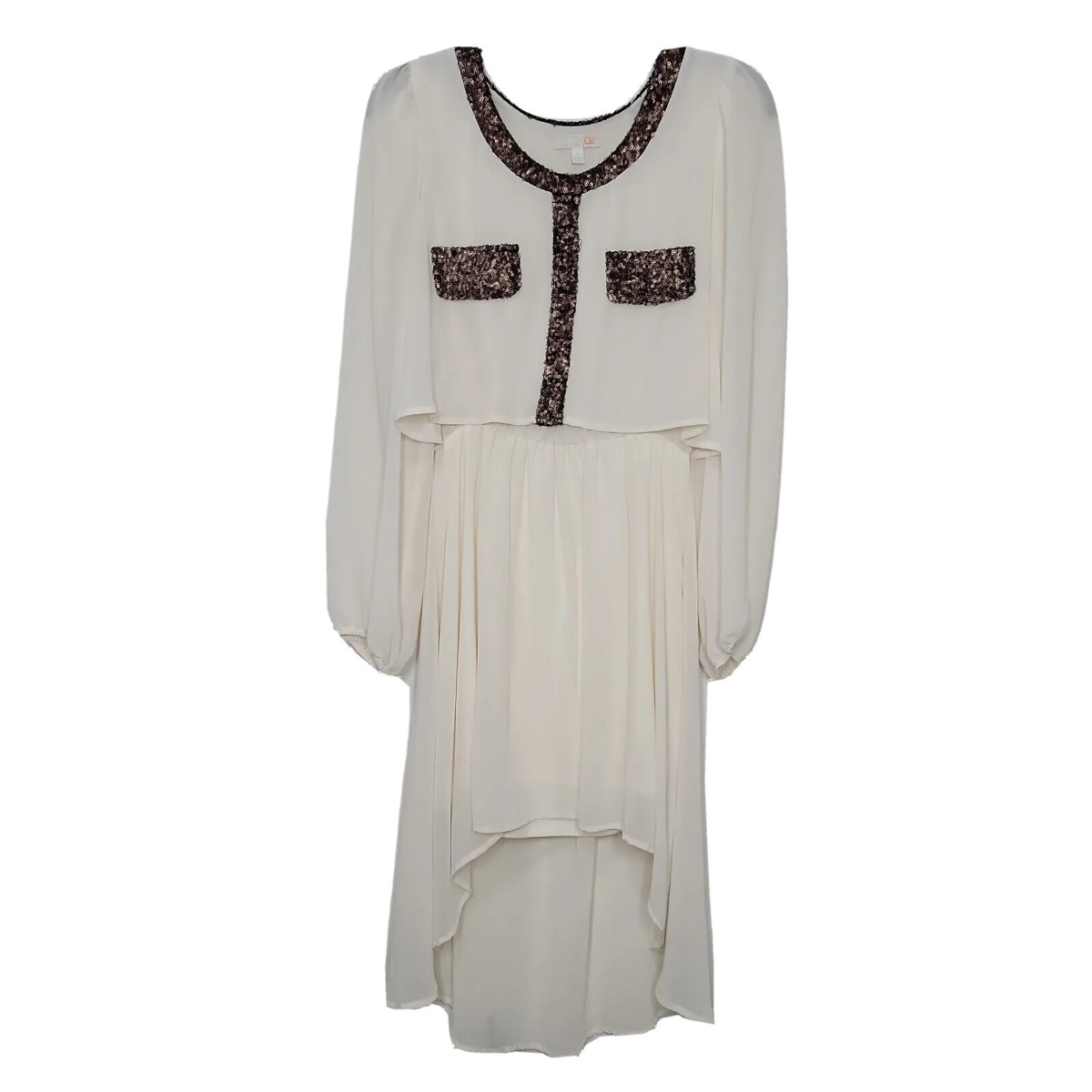 Gianni Bini Long Sleeve High-Low Ivory Boho Dress w/ Brown Sequin Neck Size M Gianni Bini Long Sleeve High-Low Ivory Boho Dress w/ Brown Sequin Neck Size M