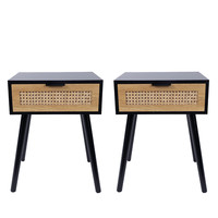 Set of 2 Black Bedside Tables 1 Drawer, Cane Detail Side Table Bedroom Furniture