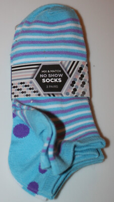 Mix and Match 3-PAIRS Women Aqua Blue No show socks Polka Dot Striped NWT 1 Size