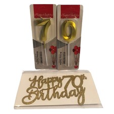 70th Birthday Cake Topper SET  Glitter Decoration and Candles  Gold