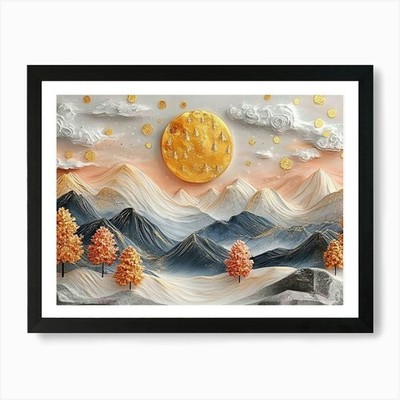3d Modern Landscape Moon, Golden Ch Framed Wall Art Poster Canvas Print Picture