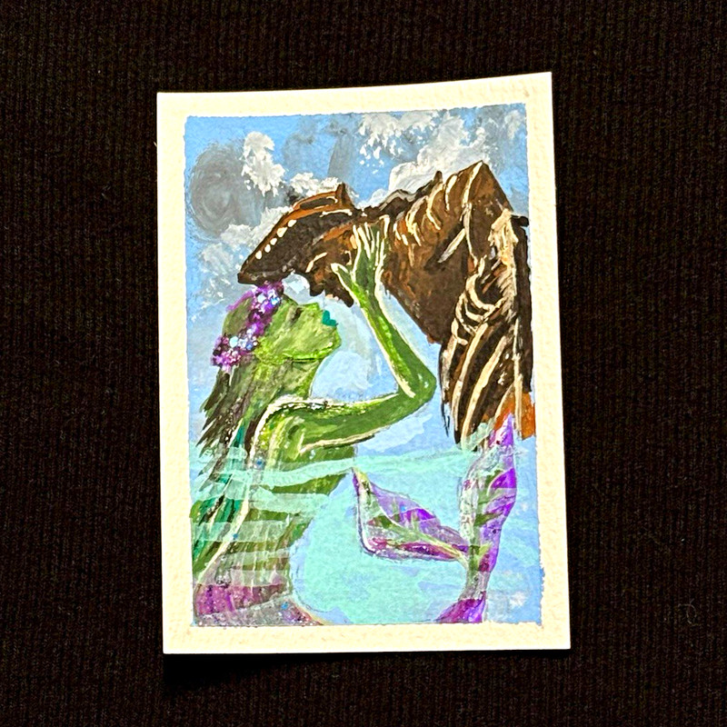 ACEO Original Art - Mermaid, Sailor, Kiss, Sea, Fantasy Acrylic 2.5x3.5 by M.A.R