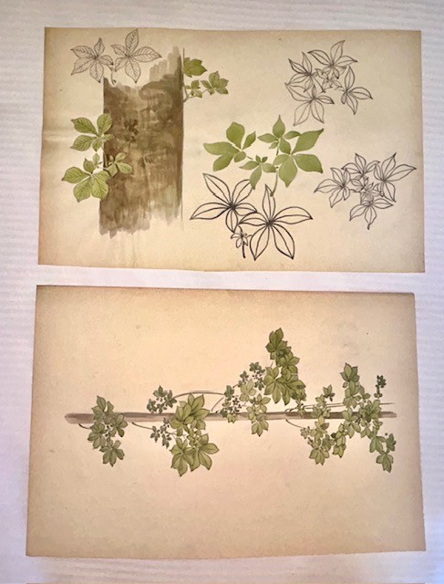 2 Authentic French Vintage Painting Watercolor Green White Floral