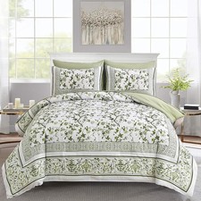 Floral King Size Comforter Set Sage Green Flowers on White Botanical Bedding Set