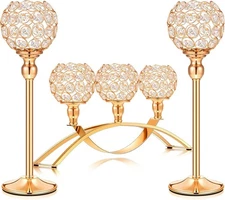 Set of 3 Pieces Gold Crystal Candle Holders, Tealight As the Picture Show 