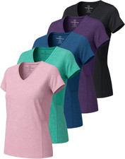 5 Pack: Women'S Dry Fit Short Sleeve V Neck Workout Top - Fitness Gym Athletic Y