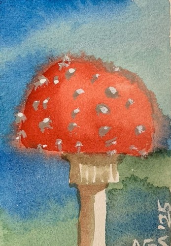 ACEO Original watercolor mini Mushroom painting or sticker forest nature artwork
