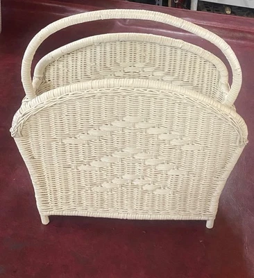 Vintage White Wicker Woven Magazine Record Towel Caddy Storage Basket Handle - Image 1 of 4