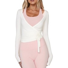 Women Ballet Wrap Top Long Sleeve Self Tie Dance Shirt Pilates Yoga Tops Y2k ...