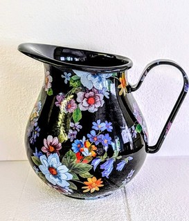 New Mackenzie Childs Black Flower Market Enamel Botanical Floral Pitcher