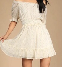 Lulus Small Ivory Gold Print Off-The-Shoulder Smocked Women’s Skater Dress NWT