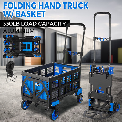2 in 1 Convertible Hand Truck with Folding Basket Retractable Handle Dolly Cart