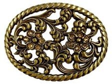 Antique Brass Flower Engraved Light Colorado Topaz Rhinestone Buckle