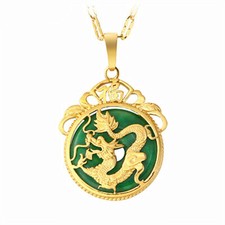 Green Natural Jade Dragon Pendant Necklace 18K Gold Plated Real Jewelry