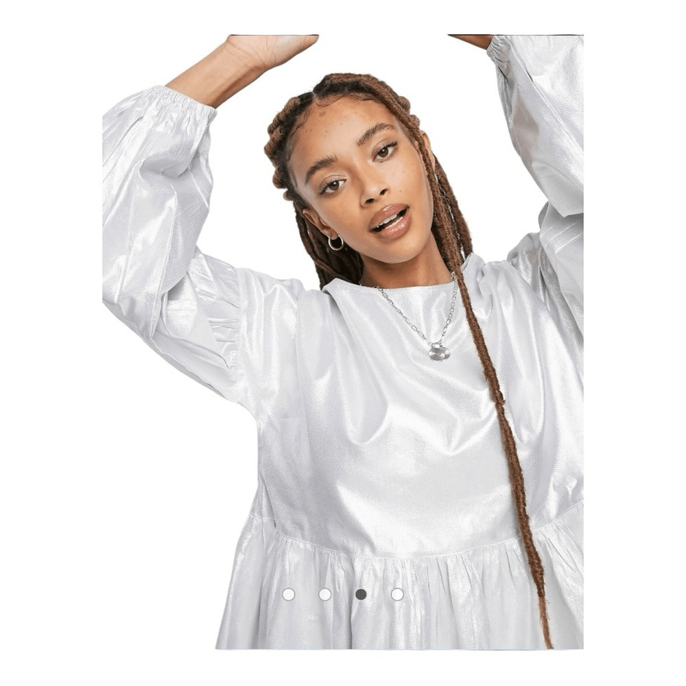 Reclaimed Vintage Inspired Taffeta Metallic Silver Smock Mini Dress Size 6