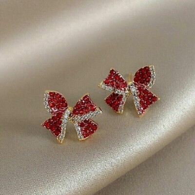 1.40Ct Round Cut Lab-Created Red Ruby Bow Stud Earrings 14K Yellow Gold Plated