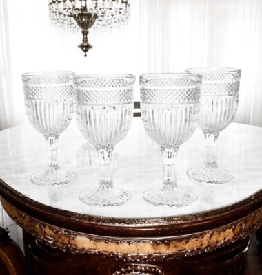 4 Libbey RADIANT Clear Criss Cross Vertical Cut 7 1/8'' Glass Water Goblets NEW