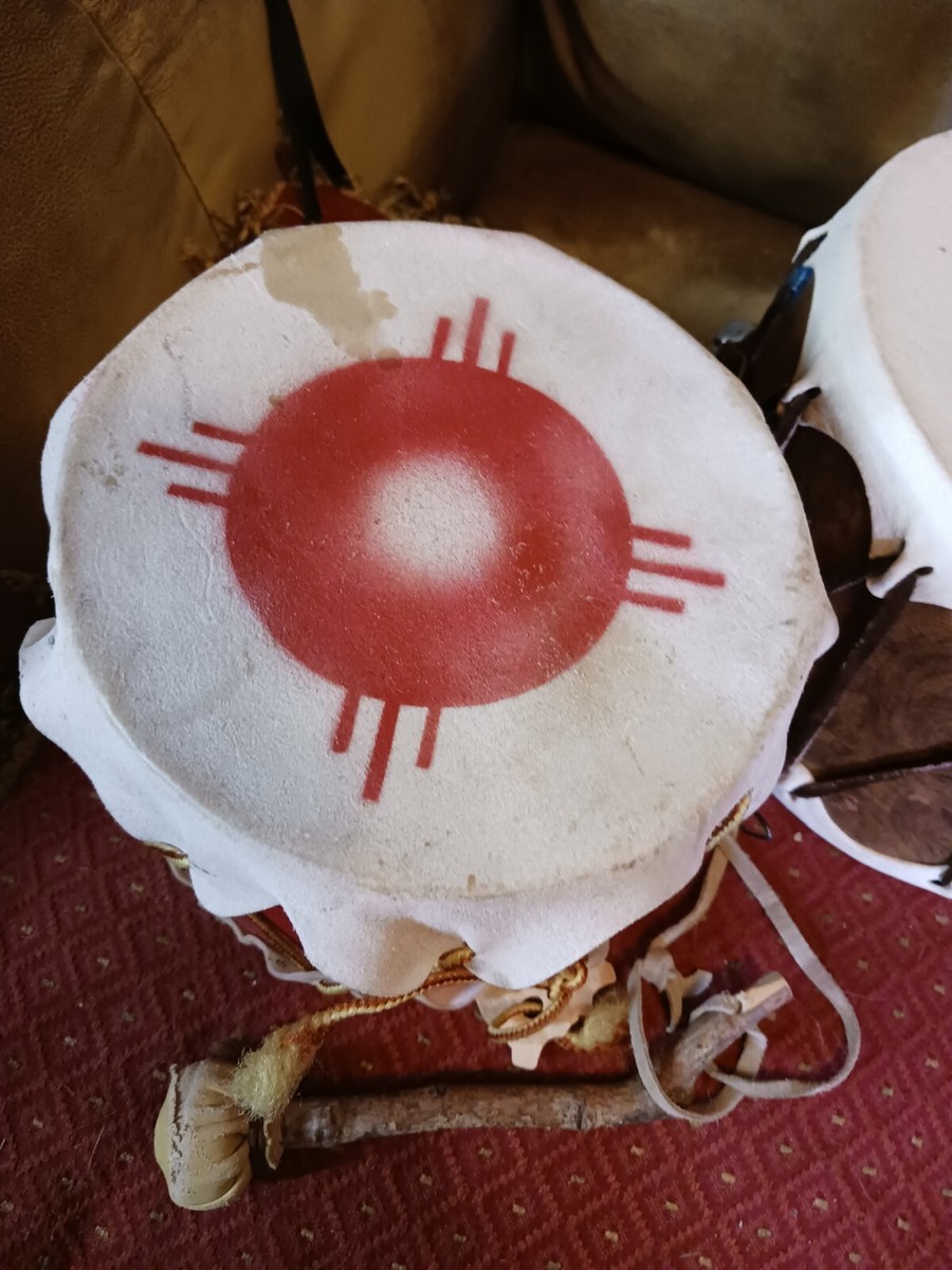 TWO AWESOME VINTAGE NATIVE AMERICAN CHEROKEE RAWHIDE PAINTED