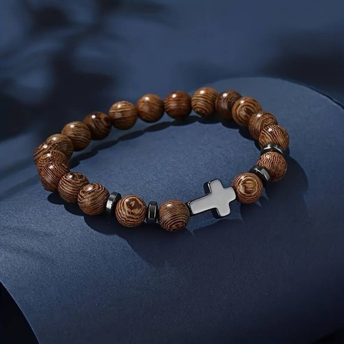 Mens Brown Beaded Wooden Cross Christian Religious Wristband Bangle Bracelet - Picture 3 of 6