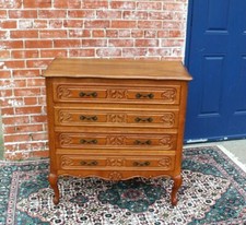 French Oak Louis XV Chest | 4-Drawer Small Antique Dresser w/ Carved Detail