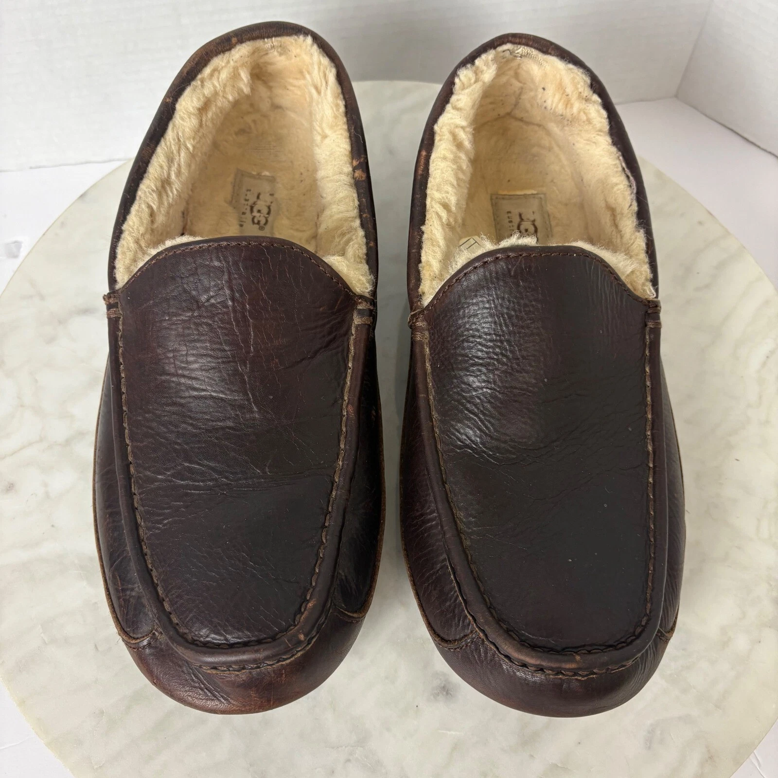 Ugg Ascot Ciabatte Uomo Mocassini Scarpe Pelle Marrone 5379 Slip On Tg 11 Shearling